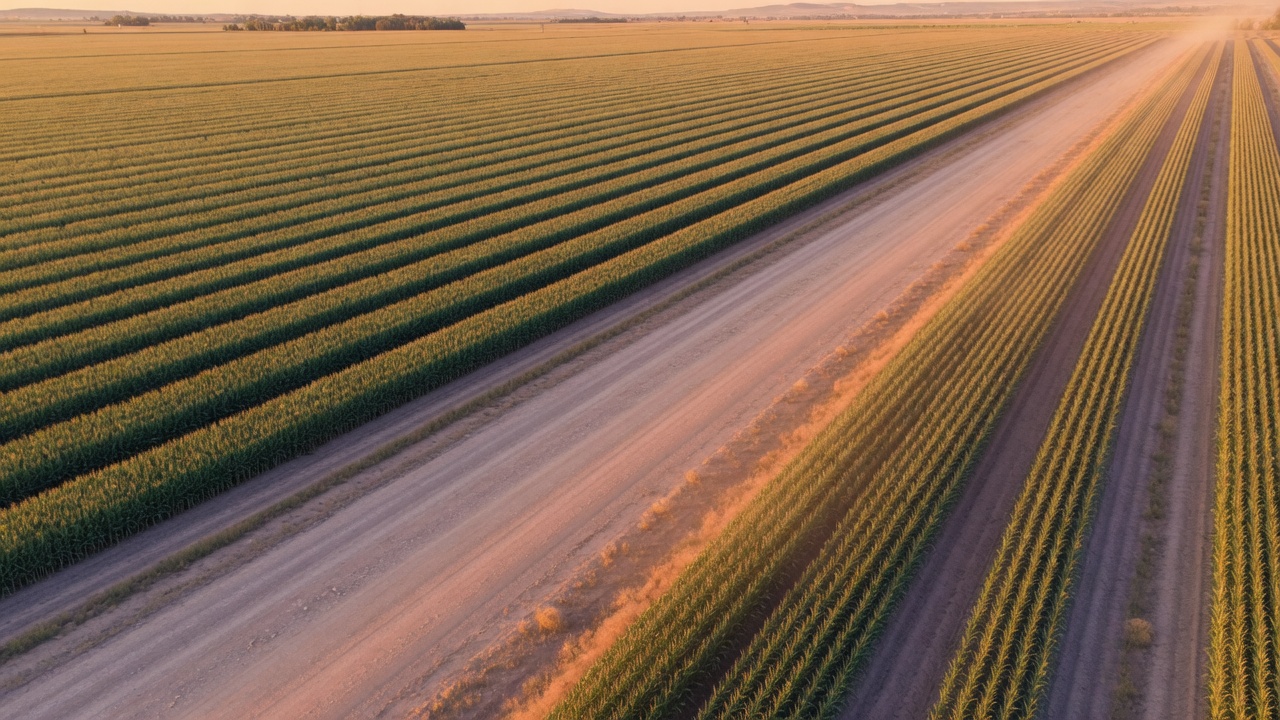 Aerial crop rows at golden hour beside a dusty farm track