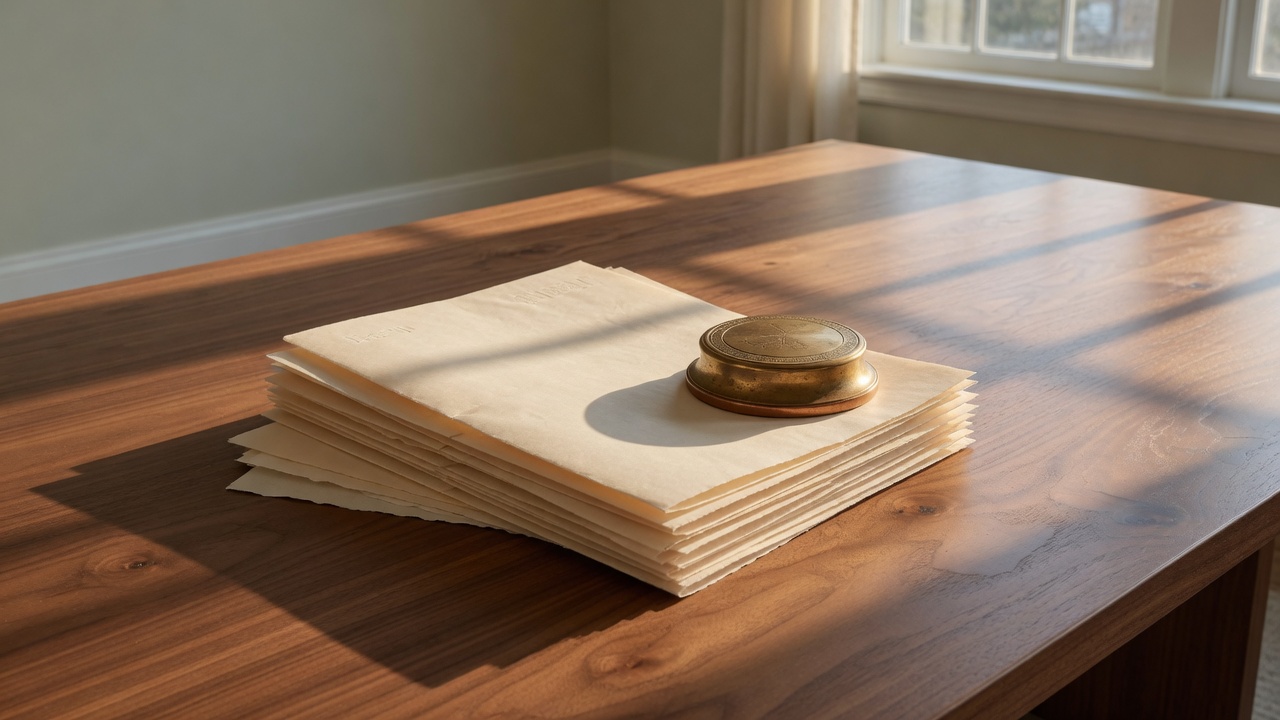 A stack of cream folders on a walnut table in late sun