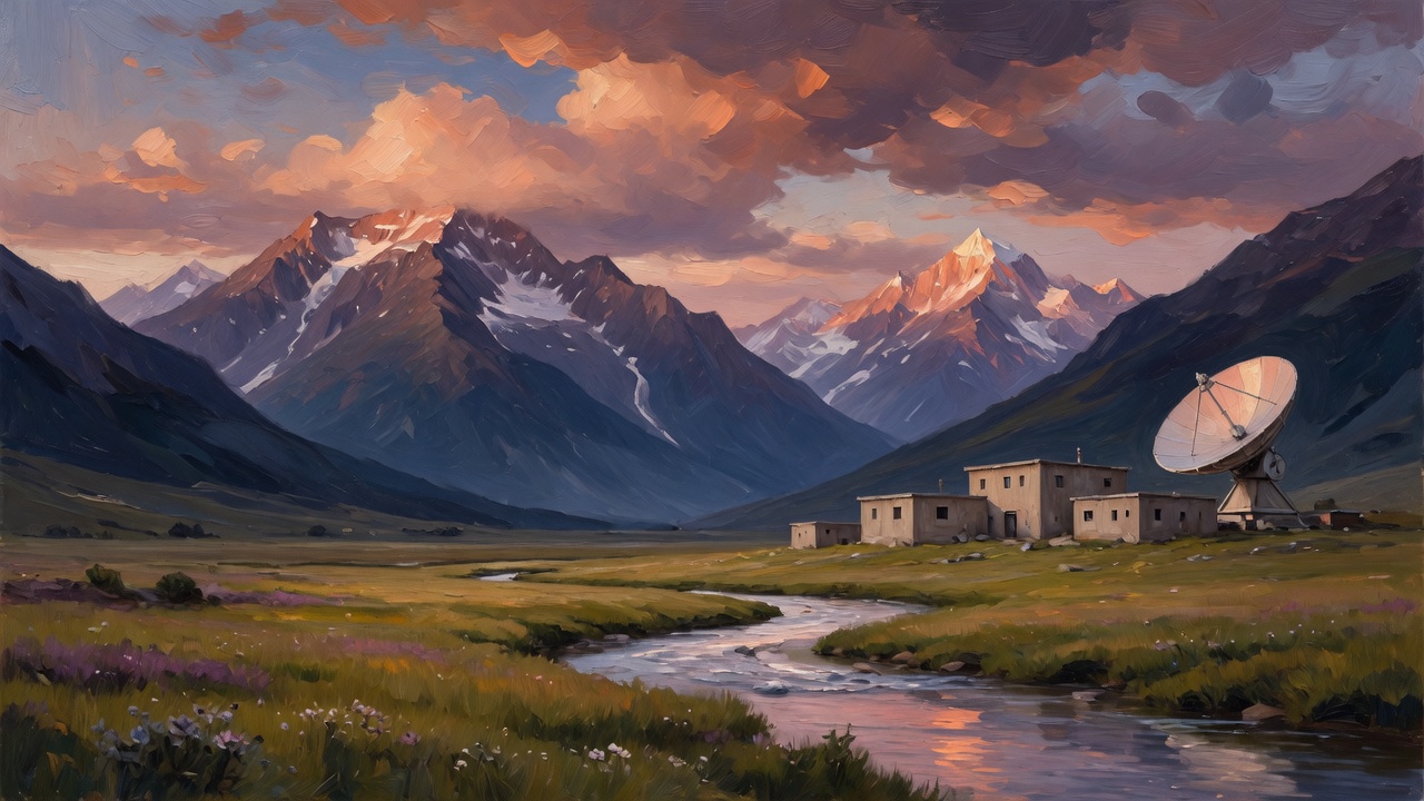 A mountain valley with a remote command compound and dish antenna