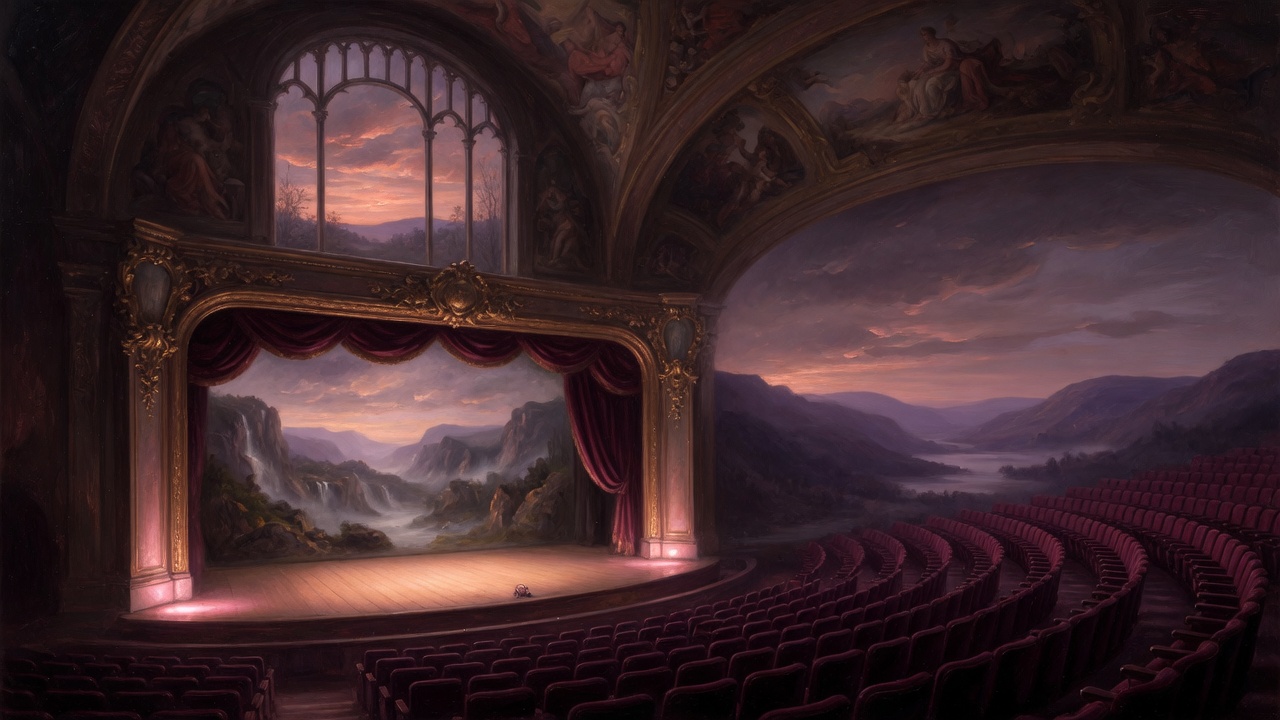An empty grand theater with a landscape on the stage