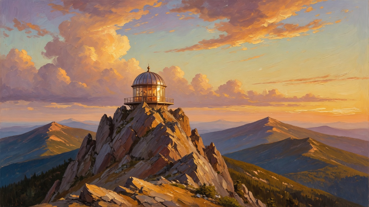 A mountain peak at golden hour with a glass observatory