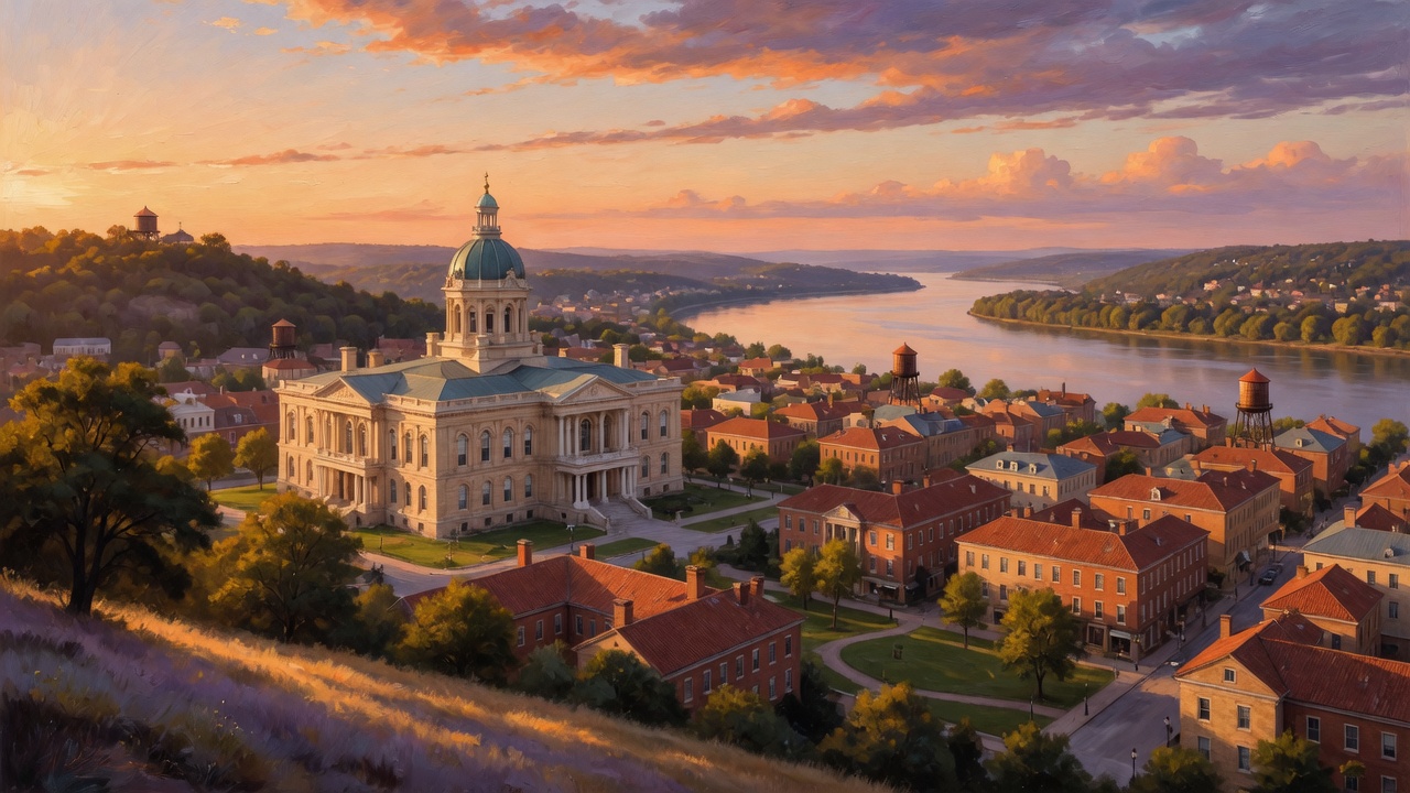 A limestone city hall at golden hour above a river town
