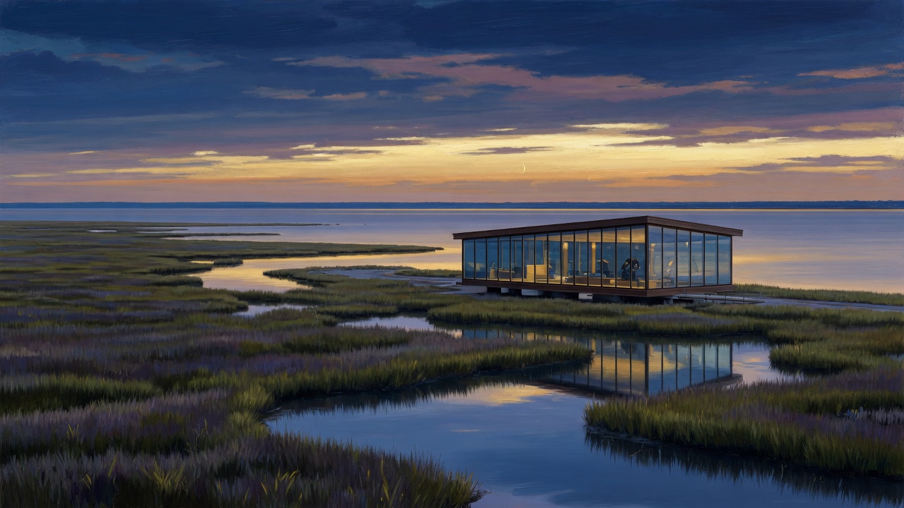 A coastal marsh at blue hour with a low glass observatory